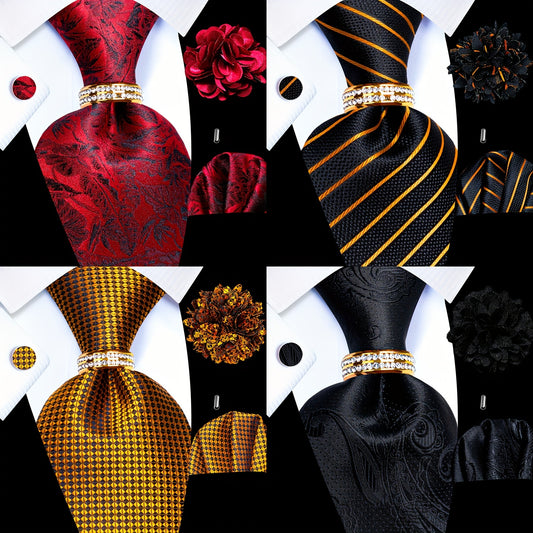 5PCS Men's Luxury Tie Set with Pocket Square, Cufflinks, Drilled Tie Ring, and Lapel Pin