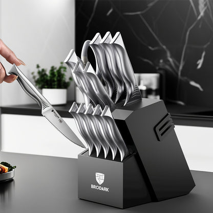 Brodark Shark Series Kitchen Knife Set With Block - 15pcs Knife Block Set With Built-in Sharpener - Dishwasher Safe - NSF Certified Stainless Steel - For Home Cooks & Professionals - Perfect Gift for Housewarming & Cooking Enthusiasts