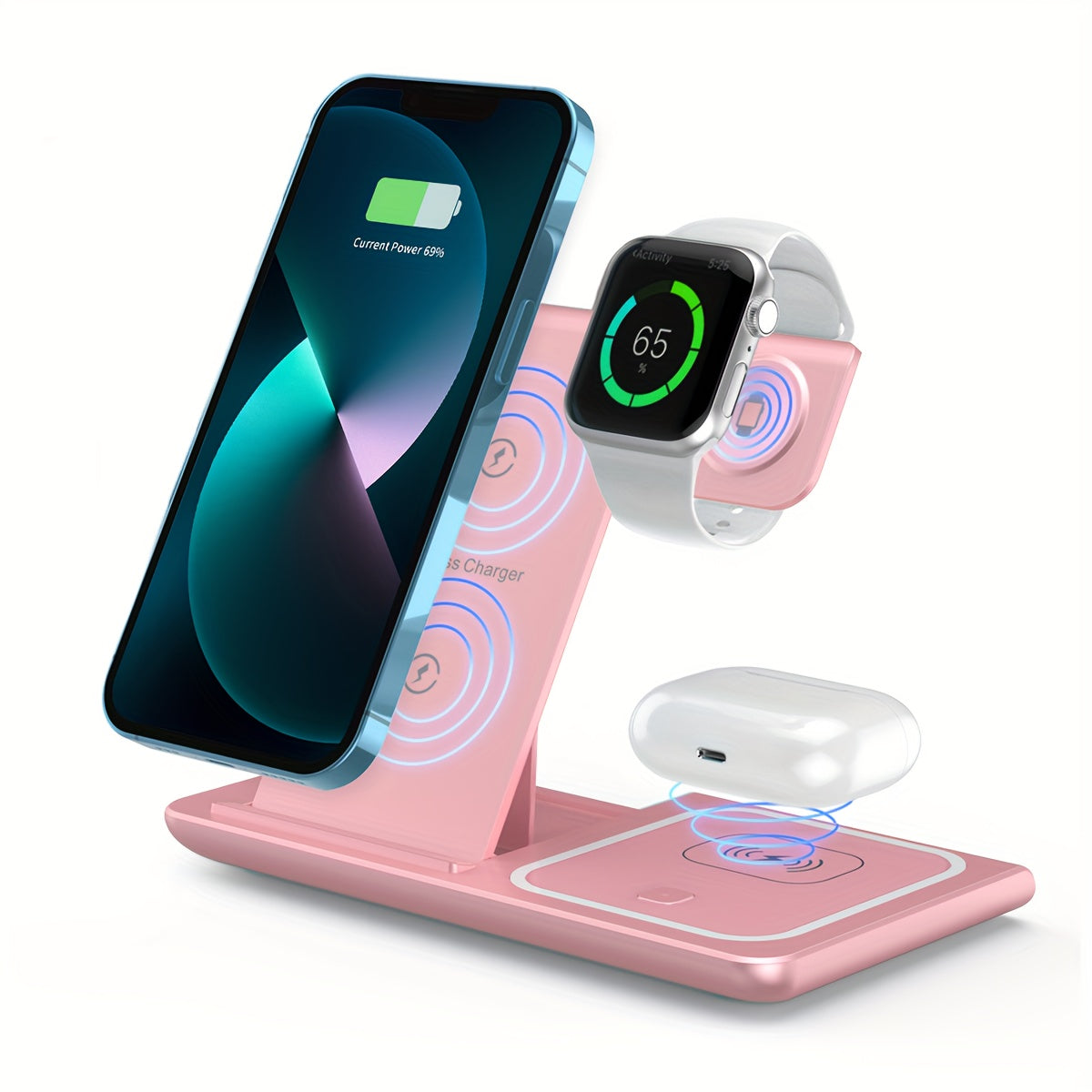 Wireless Charging Station 3-in-1 Standard 15W Fast Mag-Safe Charger Stand with QC3.0 Adapter, Suitable for iPhone 15 14 13 12 11 x 8 Pro Max/Pro/Mini/Plus, iWatch Ultra 9/8 7/6/5/4/3/2, AirPods 3/2