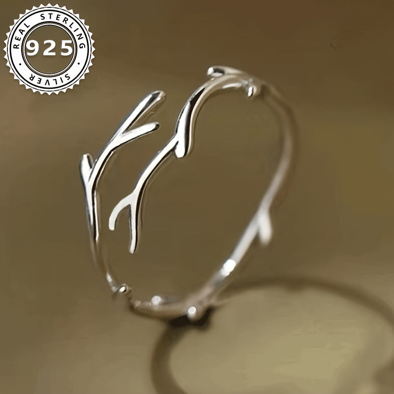 TVXK 925 Sterling Silvery Deer Antler Ring, Simple Style, Adjustable, Fashionable Personalized Single Ring, Ideal for Proposal, Engagement, Anniversary, Valentine'S Day Gift, 1.6g/0.056oz