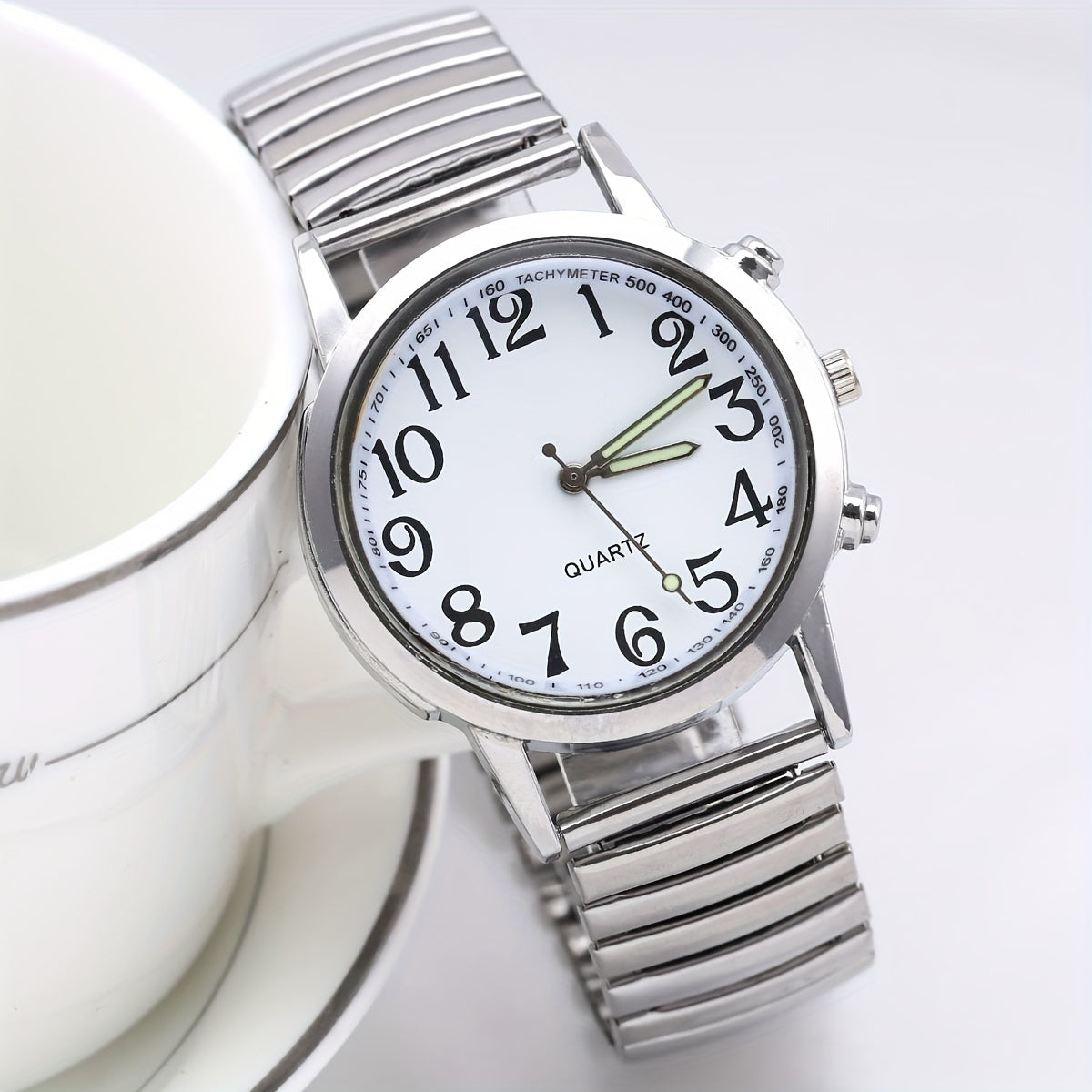 Elegant Women's Quartz Watch - Luminous Hands, Large White Dial with Date Display, Adjustable Stainless Steel Stretch Band, Zinc Alloy Case - Perfect for Parties