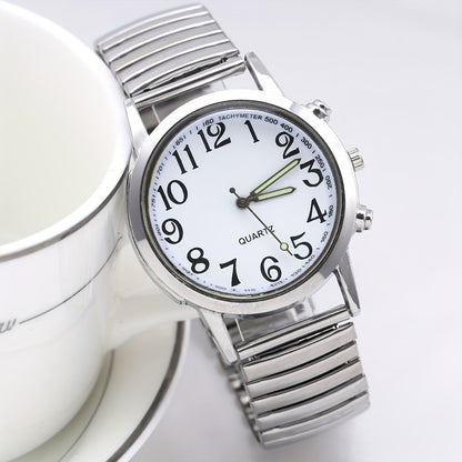Elegant Women's Quartz Watch - Luminous Hands, Large White Dial with Date Display, Adjustable Stainless Steel Stretch Band, Zinc Alloy Case - Perfect for Parties