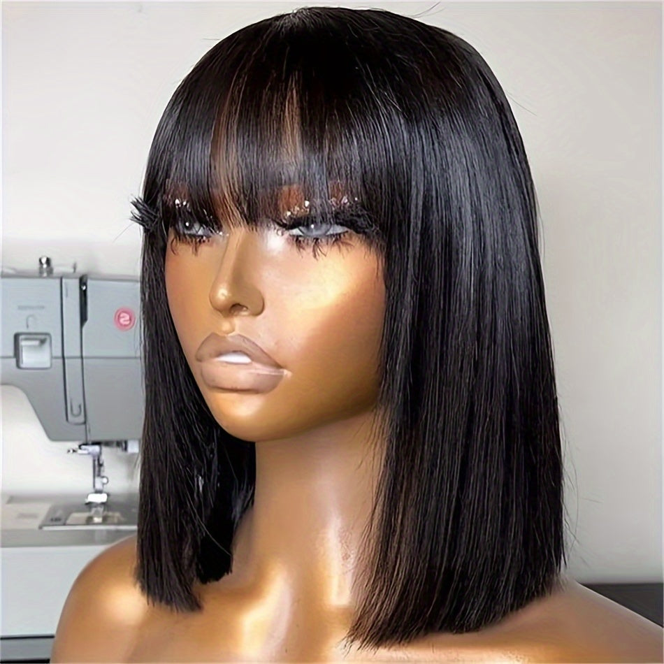 Short Bob Straight Human Hair Wigs With Bangs Natural Color Glueless Full Machine Made Human Hair Wigs 6-14 Inch