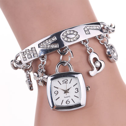 Women's Bracelet Watch LOVE Alphabet Alloy Quartz Watch Flower Decor Tonneau Dress Watch Ladies Exquisite Casual Watch