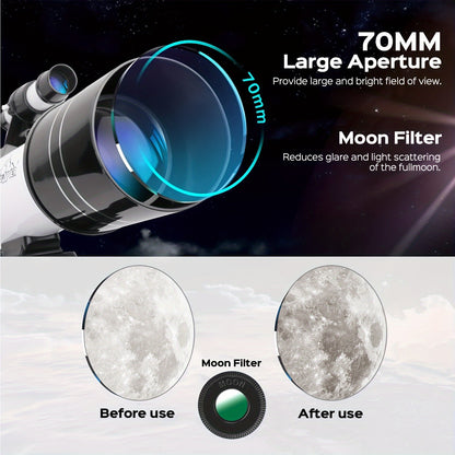 150X Telescope, 70mm Aperture Telescope For Adults High Powered, Portable Astronomical Telescope Mobocular With Tripod Phone Holder, Eyepiece, Barlow Lens, Perfect For Nature Viewing, Education, And Exploration, Best Christmas Gift For Your Family