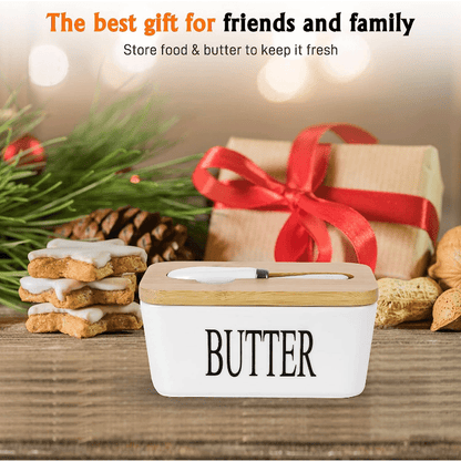 1pc Ceramic Butter Dish Set with Bamboo Lid and Knife - Airtight Silicone Sealed Butter Keeper for Kitchen Countertop and Refrigerator - Ideal for Baking and Gifting