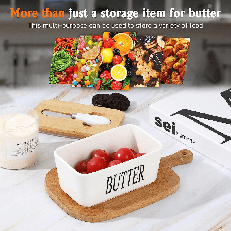 1pc Ceramic Butter Dish Set with Bamboo Lid and Knife - Airtight Silicone Sealed Butter Keeper for Kitchen Countertop and Refrigerator - Ideal for Baking and Gifting