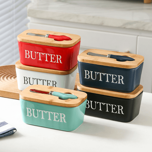 1pc Ceramic Butter Dish Set with Bamboo Lid and Knife - Airtight Silicone Sealed Butter Keeper for Kitchen Countertop and Refrigerator - Ideal for Baking and Gifting