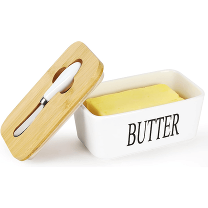 1pc Ceramic Butter Dish Set with Bamboo Lid and Knife - Airtight Silicone Sealed Butter Keeper for Kitchen Countertop and Refrigerator - Ideal for Baking and Gifting