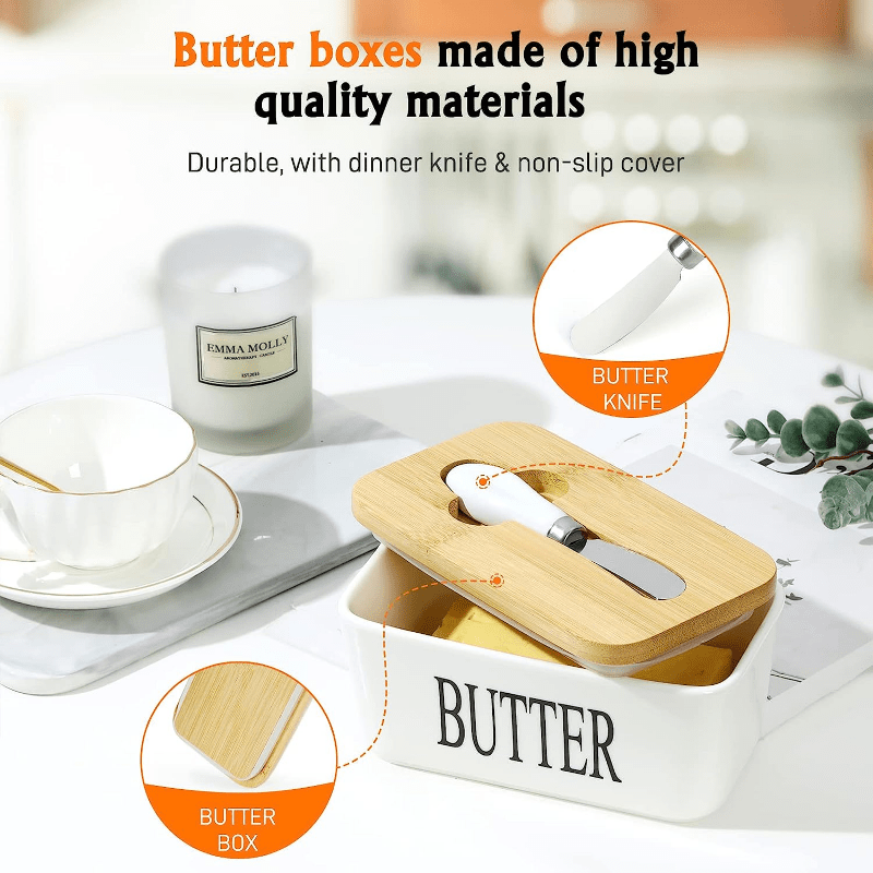 1pc Ceramic Butter Dish Set with Bamboo Lid and Knife - Airtight Silicone Sealed Butter Keeper for Kitchen Countertop and Refrigerator - Ideal for Baking and Gifting