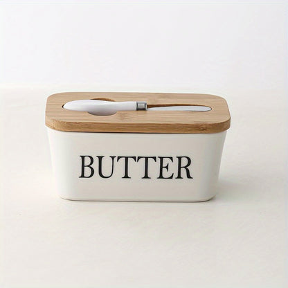 1pc Ceramic Butter Dish Set with Bamboo Lid and Knife - Airtight Silicone Sealed Butter Keeper for Kitchen Countertop and Refrigerator - Ideal for Baking and Gifting