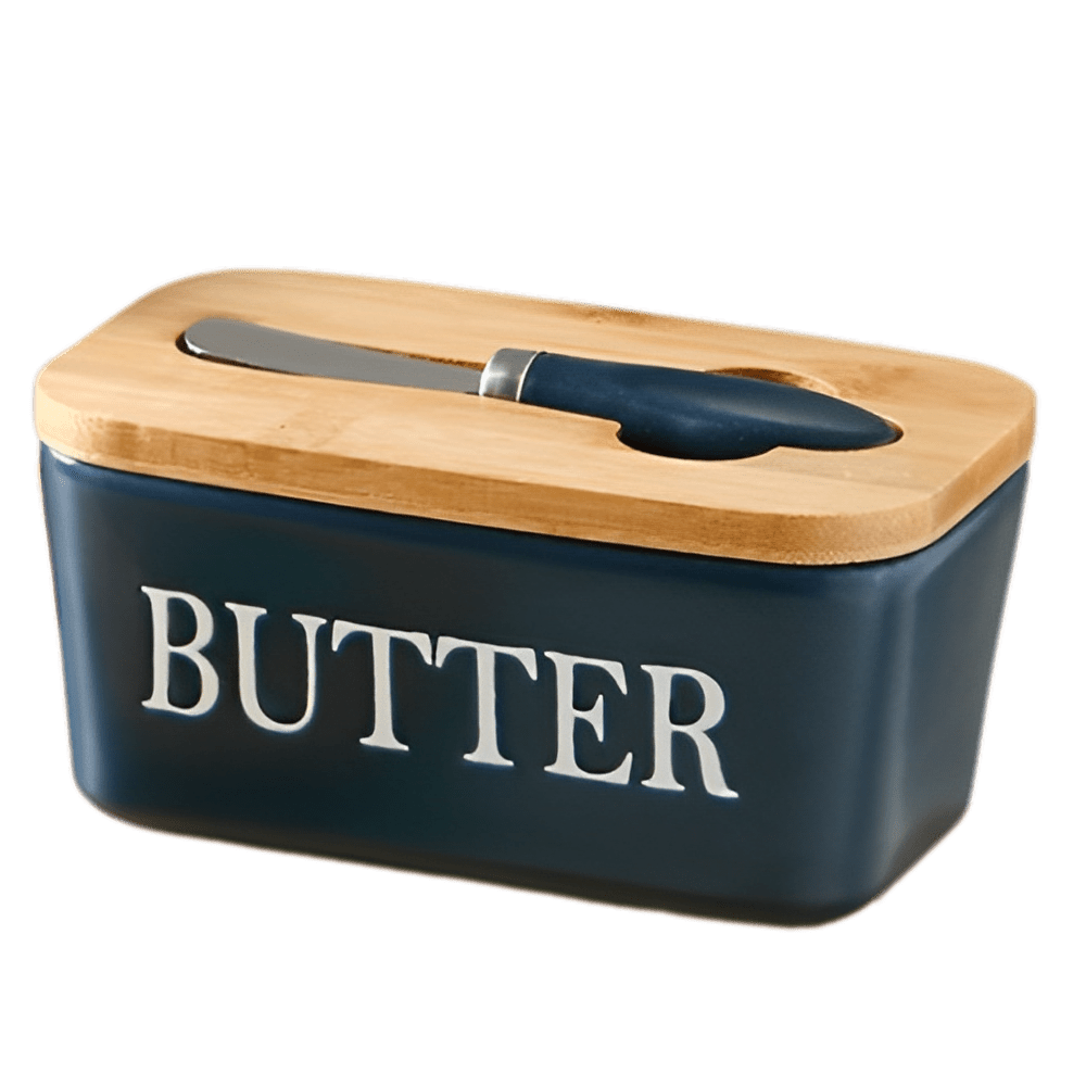 1pc Ceramic Butter Dish Set with Bamboo Lid and Knife - Airtight Silicone Sealed Butter Keeper for Kitchen Countertop and Refrigerator - Ideal for Baking and Gifting