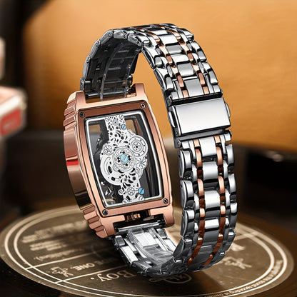 Elegant Men's Golden-Tone Tonneau Watch with Intricate Mechanical Design - Stainless Steel, Luminous Hands & Date Display, Stopwatch Function, Water-Resistant