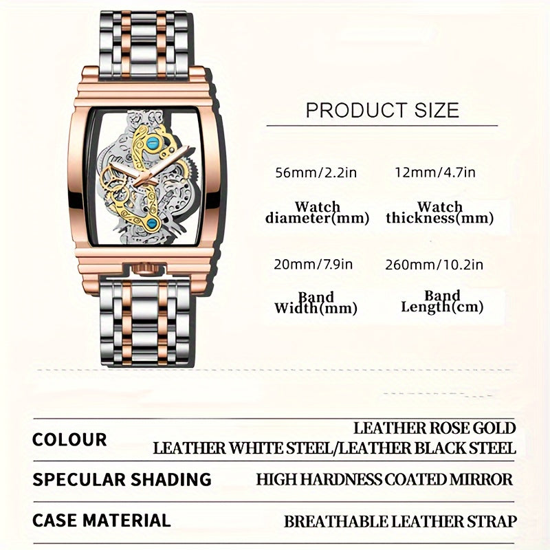 Elegant Men's Golden-Tone Tonneau Watch with Intricate Mechanical Design - Stainless Steel, Luminous Hands & Date Display, Stopwatch Function, Water-Resistant