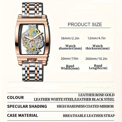 Elegant Men's Golden-Tone Tonneau Watch with Intricate Mechanical Design - Stainless Steel, Luminous Hands & Date Display, Stopwatch Function, Water-Resistant