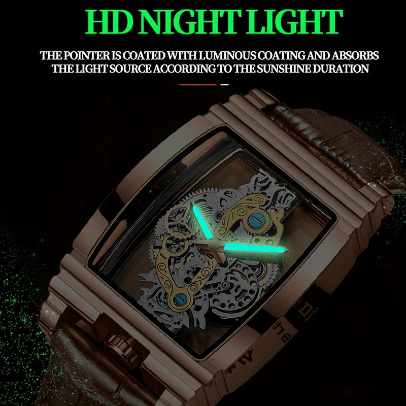 Elegant Men's Golden-Tone Tonneau Watch with Intricate Mechanical Design - Stainless Steel, Luminous Hands & Date Display, Stopwatch Function, Water-Resistant