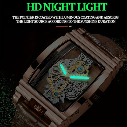 Elegant Men's Golden-Tone Tonneau Watch with Intricate Mechanical Design - Stainless Steel, Luminous Hands & Date Display, Stopwatch Function, Water-Resistant