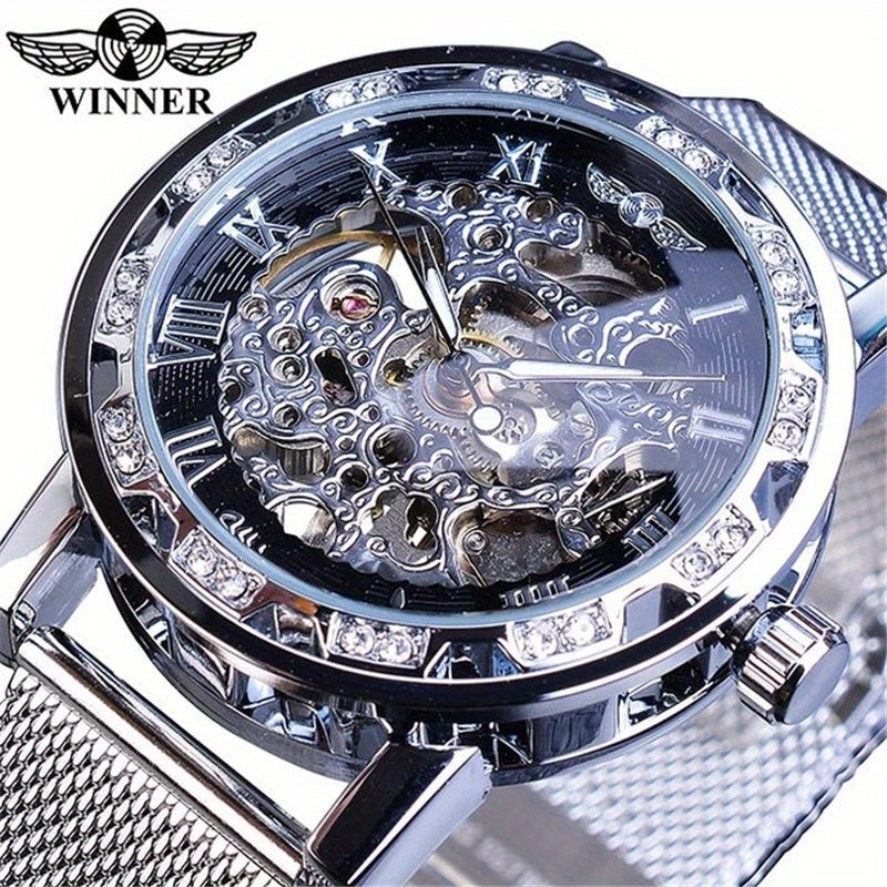1pc Men's Fashion Rhinestone Mechanical Watch, Hollow Mesh Strap Wrist Watch