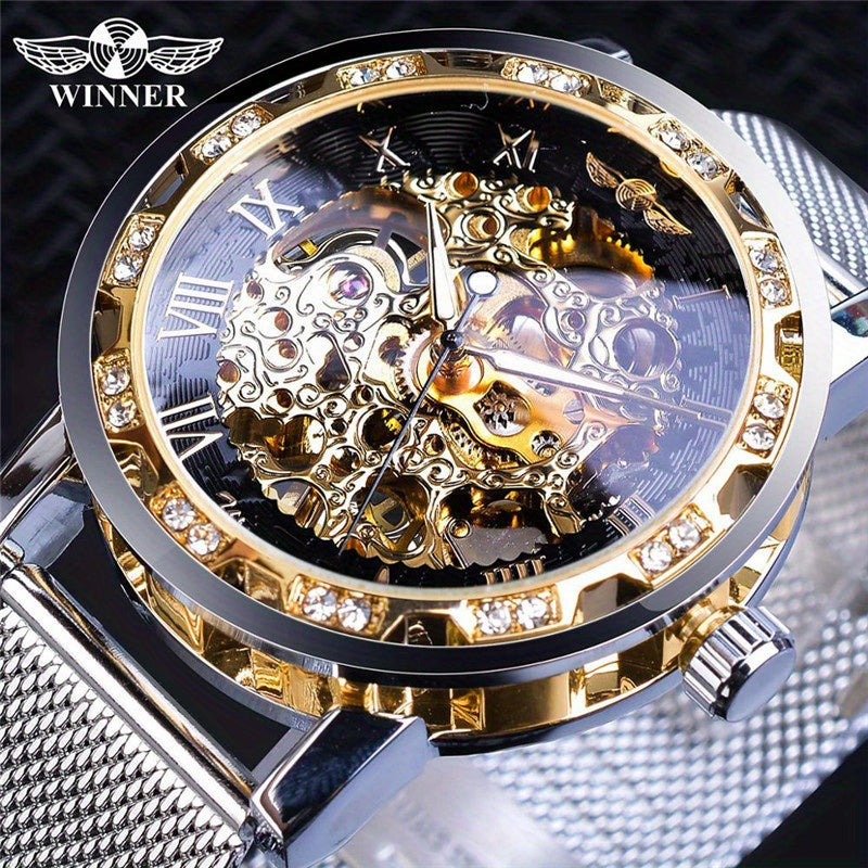 1pc Men's Fashion Rhinestone Mechanical Watch, Hollow Mesh Strap Wrist Watch