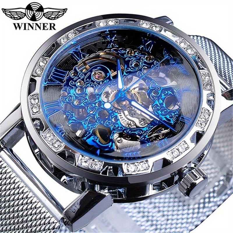 1pc Men's Fashion Rhinestone Mechanical Watch, Hollow Mesh Strap Wrist Watch