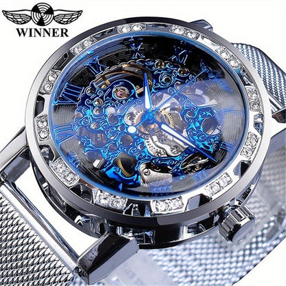 1pc Men's Fashion Rhinestone Mechanical Watch, Hollow Mesh Strap Wrist Watch