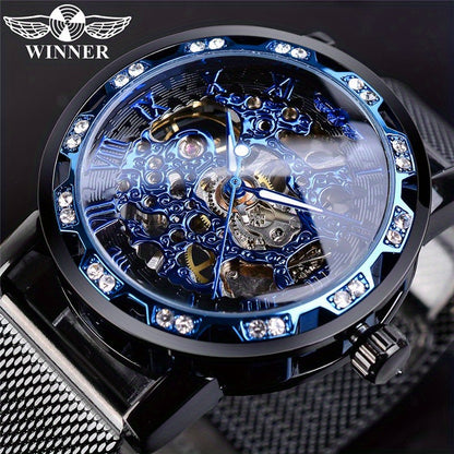 1pc Men's Fashion Rhinestone Mechanical Watch, Hollow Mesh Strap Wrist Watch