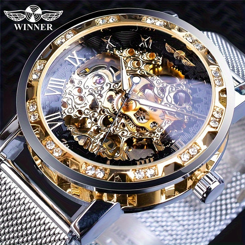 1pc Men's Fashion Rhinestone Mechanical Watch, Hollow Mesh Strap Wrist Watch