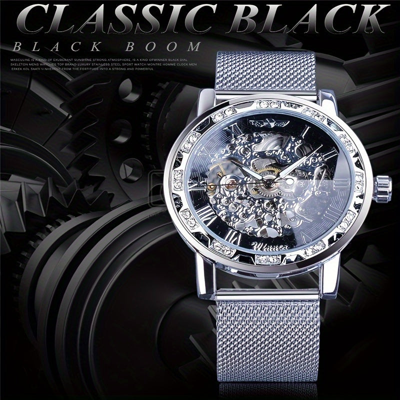 1pc Men's Fashion Rhinestone Mechanical Watch, Hollow Mesh Strap Wrist Watch