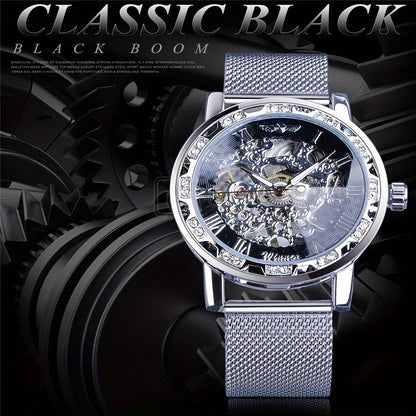 1pc Men's Fashion Rhinestone Mechanical Watch, Hollow Mesh Strap Wrist Watch