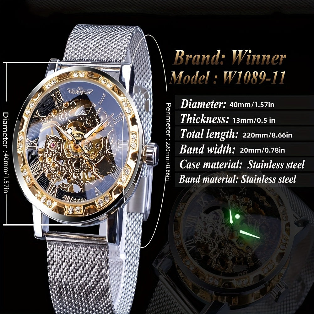 1pc Men's Fashion Rhinestone Mechanical Watch, Hollow Mesh Strap Wrist Watch