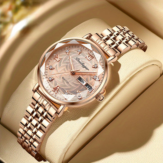 Elegant POEDAGAR Women's Watch - Luminous Rhinestone Quartz, Stainless Steel Band, Calendar Date - Perfect for Evening Wear