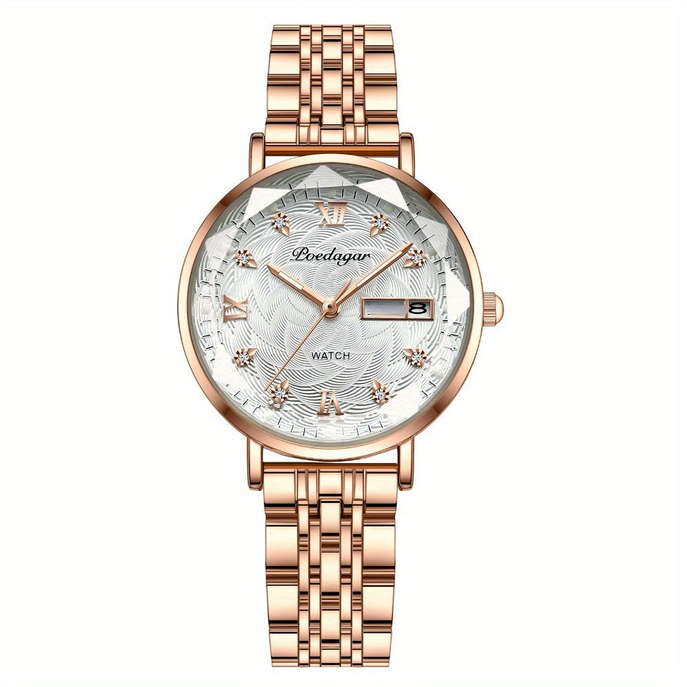Elegant POEDAGAR Women's Watch - Luminous Rhinestone Quartz, Stainless Steel Band, Calendar Date - Perfect for Evening Wear