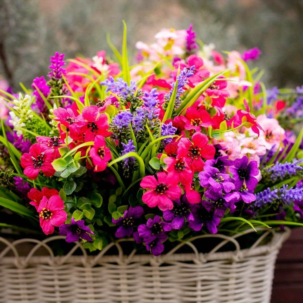 15-Bundle Vibrant Artificial Flower Arrangement - UV Resistant, No-Fade Faux Greenery & Shrubs for Outdoor Garden, Porch, Patio Decor | Lush Spring & Summer Beauty with Pink, Purple, Blue Flowers, Garden Decorations