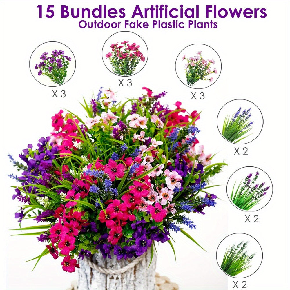 15-Bundle Vibrant Artificial Flower Arrangement - UV Resistant, No-Fade Faux Greenery & Shrubs for Outdoor Garden, Porch, Patio Decor | Lush Spring & Summer Beauty with Pink, Purple, Blue Flowers, Garden Decorations
