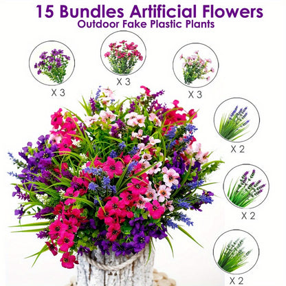 15-Bundle Vibrant Artificial Flower Arrangement - UV Resistant, No-Fade Faux Greenery & Shrubs for Outdoor Garden, Porch, Patio Decor | Lush Spring & Summer Beauty with Pink, Purple, Blue Flowers, Garden Decorations
