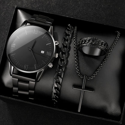 4pcs/set Men's Black Minimalist Quartz Watch Set With Bracelet, Necklace, And Ring - Elegant Timepiece Gift Box - For Men - Suitable for Casual & Formal Occasions - Perfect Gift for Him