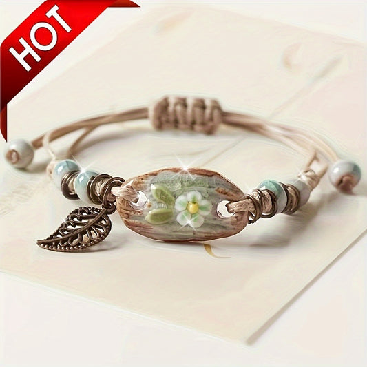 Vintage Style Leaf Pendant Braided Bracelet Elegant Handmade Hand Bracelet Adjustable