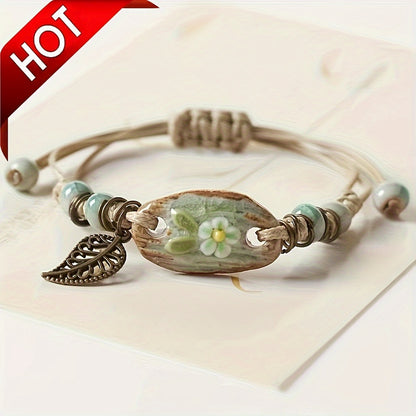 Vintage Style Leaf Pendant Braided Bracelet Elegant Handmade Hand Bracelet Adjustable