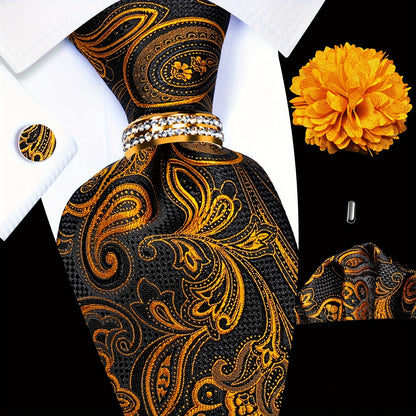 5PCS Men's Luxury Tie Set with Pocket Square, Cufflinks, Drilled Tie Ring, and Lapel Pin