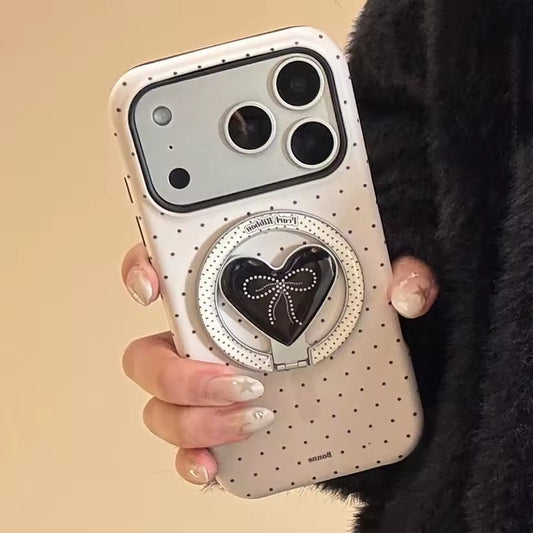 Korean Polka Dots Love Heart Bracket iPhone 17  Pro Max Shockproof Hard Cover - AX