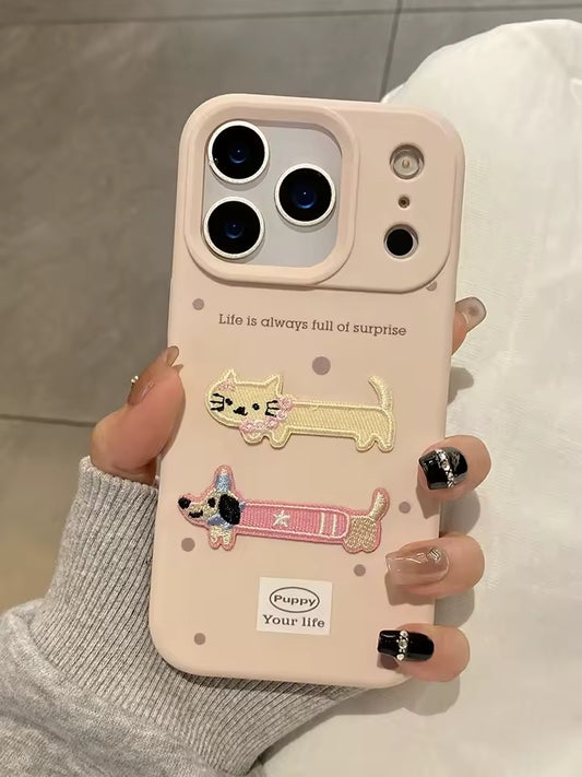 Cartoon Cute Embroidered Puppy Cat Phone Case For iPhone 17 Pro Max  Back Cover - AX