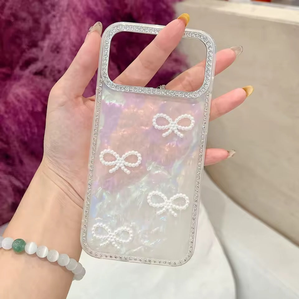 Luxury 3D Pearl Bow Bling Diamond  Phone Case For iPhone 17  Pro Max Girly Aurora Laser Acrylic Cover - AX