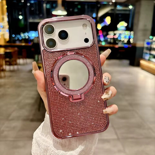 Luxury Diamond Mirror Plating Phone Case For iPhone 17 Pro Max For MagSafe Magnetic Ring Holder Cover - AX