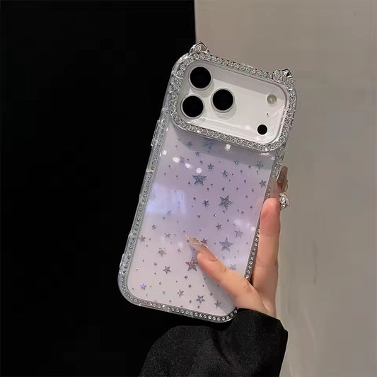 Glitter Rhinestone Cat Ears Glossy Clear Phone Case For iPhone 17  Pro Max  Bling Stars Acrylic Back Cover - AX