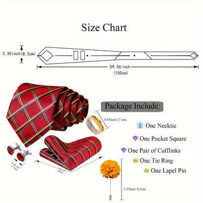 5PCS Men's Luxury Tie Set with Pocket Square, Cufflinks, Drilled Tie Ring, and Lapel Pin