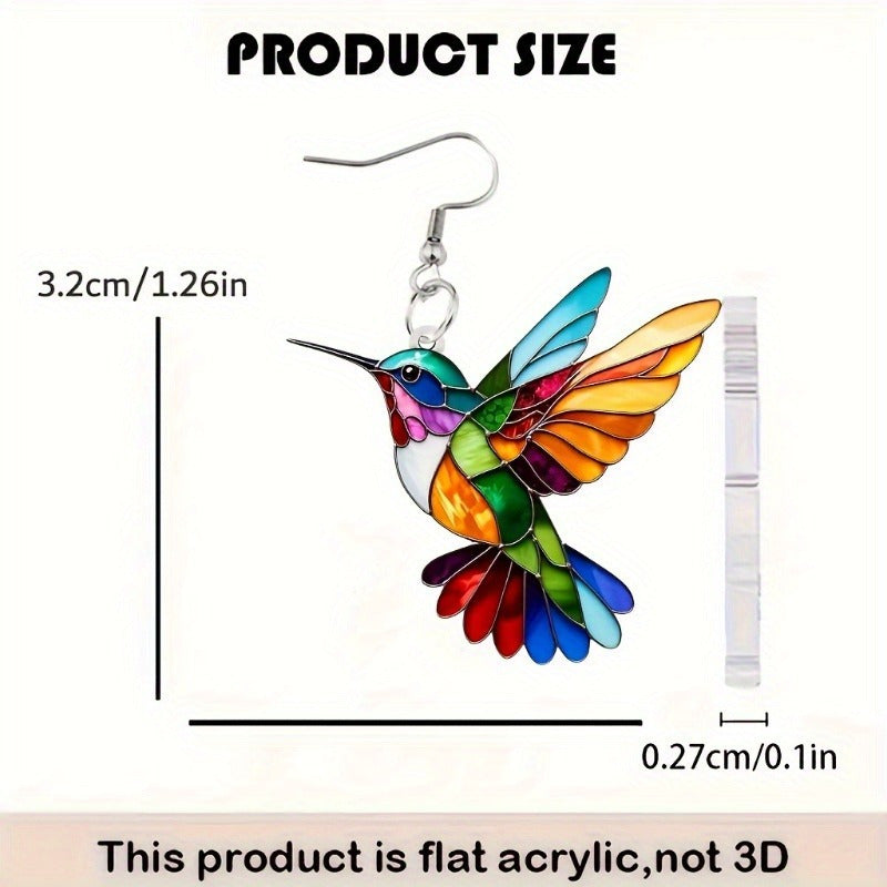 Charming Acrylic Hummingbird Dangle Earrings - Colorful, Lightweight & Hypoallergenic Stainless Steel Posts for Casual Attire or Gifting