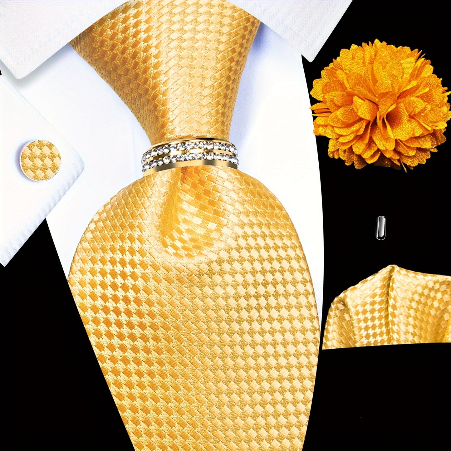 5PCS Men's Luxury Tie Set with Pocket Square, Cufflinks, Drilled Tie Ring, and Lapel Pin