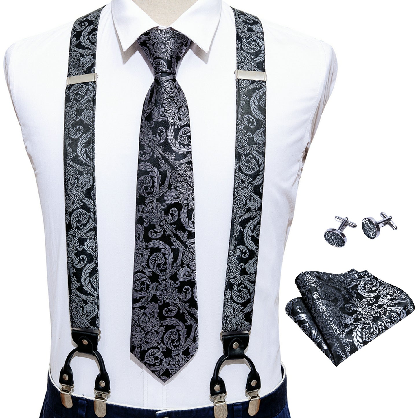Men Jacquard Adjustable 6 Clips Suspender Neckties Pocket Square Cufflinks