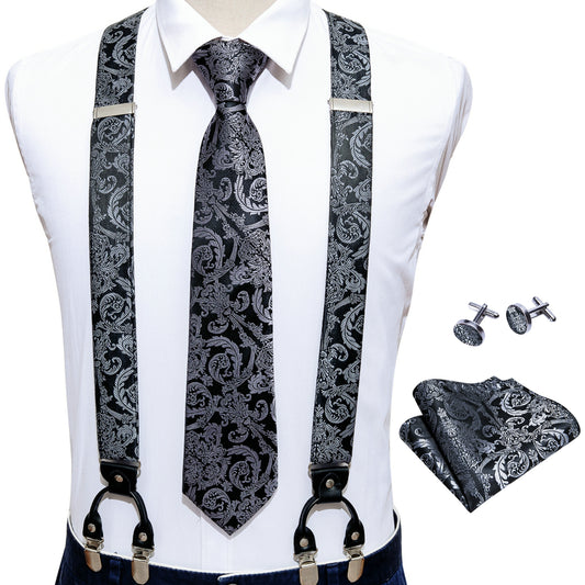Men Jacquard Adjustable 6 Clips Suspender Neckties Pocket Square Cufflinks