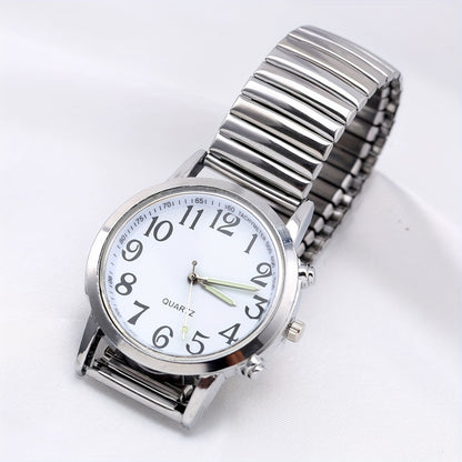 Elegant Women's Quartz Watch - Luminous Hands, Large White Dial with Date Display, Adjustable Stainless Steel Stretch Band, Zinc Alloy Case - Perfect for Parties